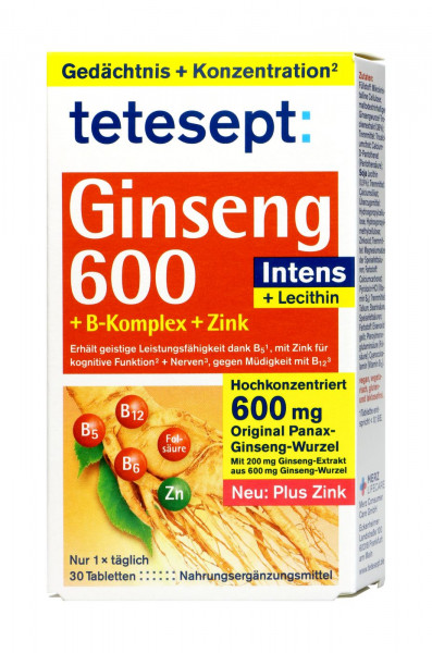 Tetesept Ginseng 600 plus Lecithin+B Vitamine Tabletten, 30 er